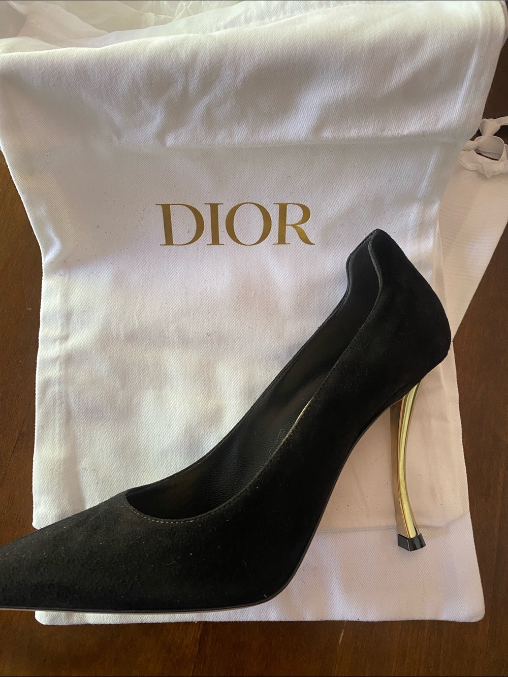 Dior Black Suede Pointed-Toe Stiletto Heels with Gold Heel - Picture 13 of 15